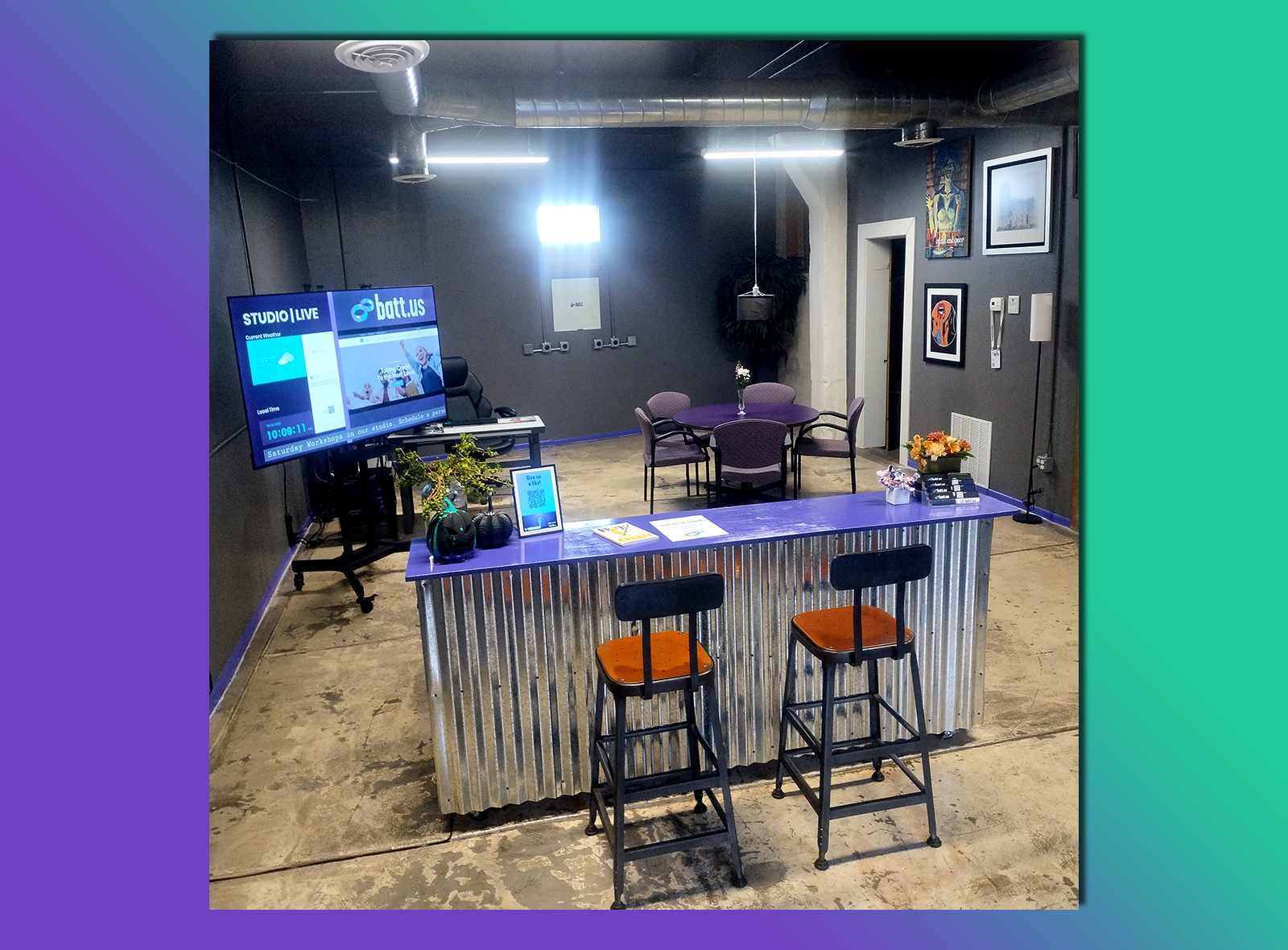 Our live production area featuring a custom wood and metal counter.